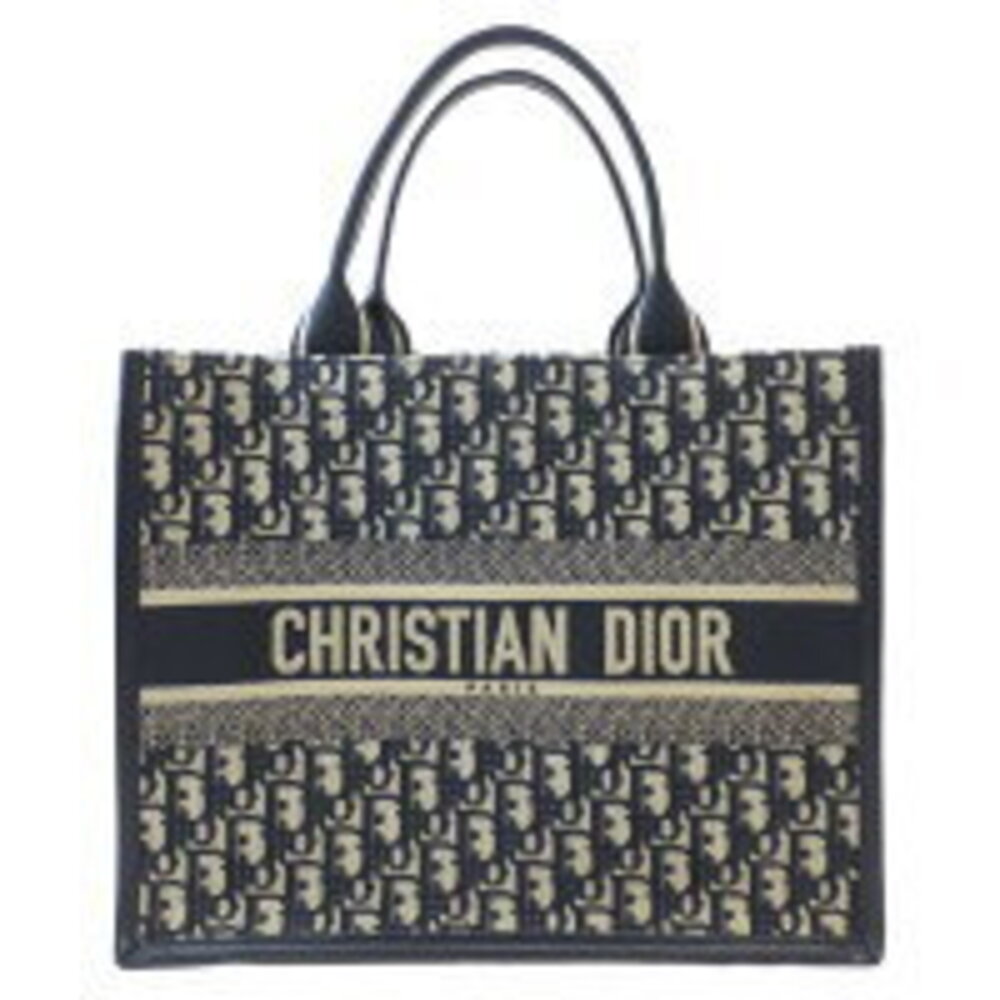 Dior Book Tote Bag Navy Blue Beige Leather Canvas Signature Embroidery - Picture 1 of 6